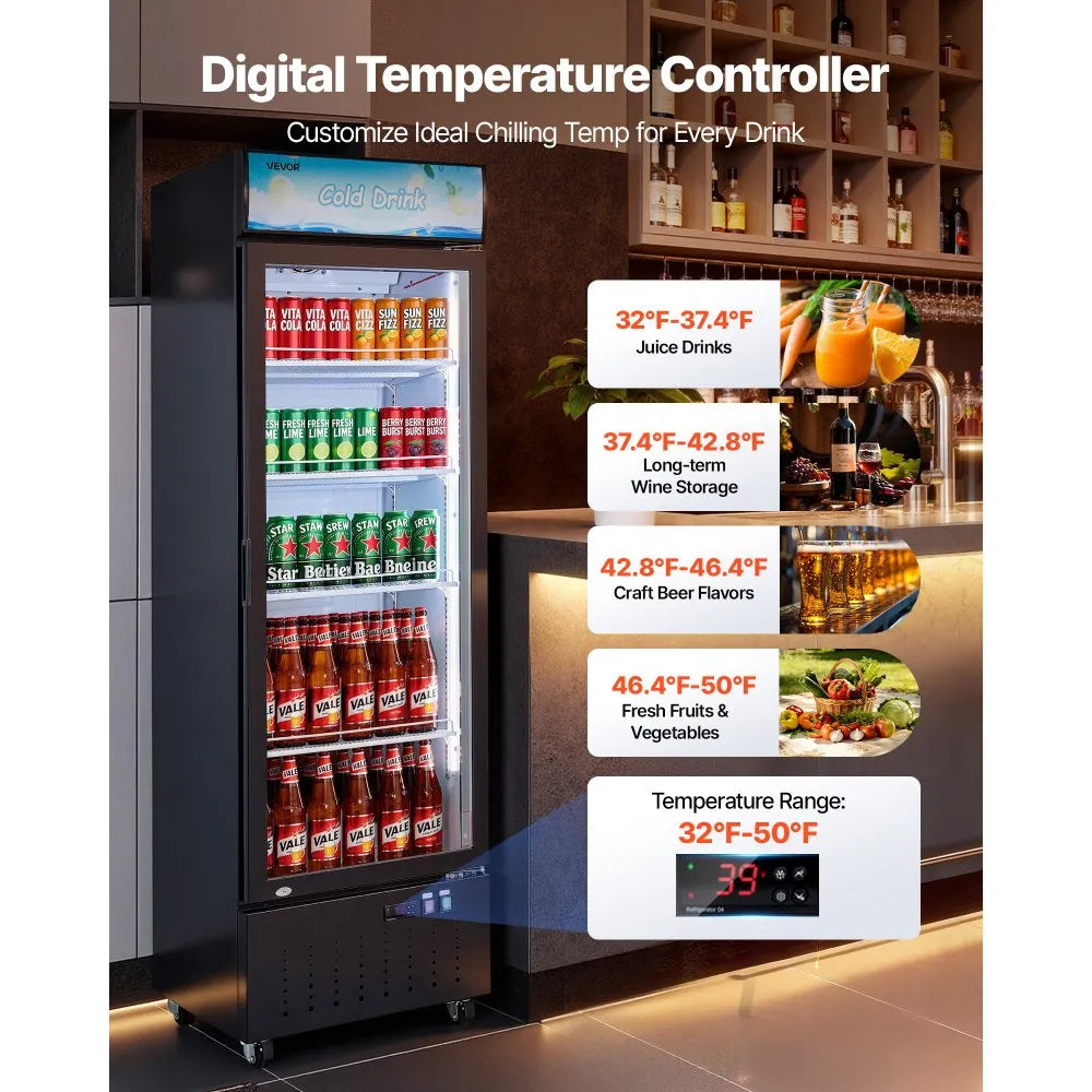 VEVOR Commercial Merchandiser Refrigerator, 12.7 Cu.Ft / 360 L Glass Door Display Refrigerator, Upright Beverage Cooler with Customizable Lightbox, 4 Adjustable Shelves & Soft LED Light for Home Shops
