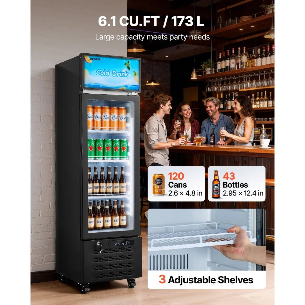 VEVOR Commercial Merchandiser Refrigerator, 6.1 Cu.Ft / 173 L Glass Door Display Refrigerator, Upright Beverage Cooler with Customizable Lightbox, 3 Adjustable Shelves & Soft LED Light for Homes Shops