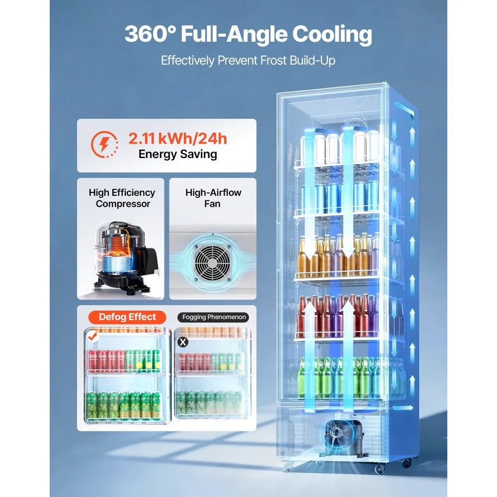 VEVOR Commercial Merchandiser Refrigerator, 12.7 Cu.Ft / 360 L Glass Door Display Refrigerator, Upright Beverage Cooler Fridge with 4 Adjustable Shelves, Soft LED Light & Casters for Homes Shops Bars
