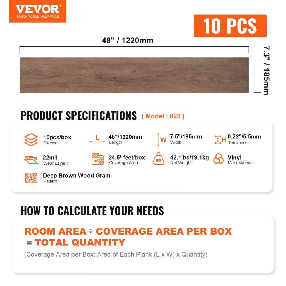 VEVOR Interlocking Vinyl Floor Tiles 48 x 7.3 inch, 10 Tiles 5.5mm Thick Snap Together, Deep Brown Wood Grain DIY Flooring for Kitchen, Dining Room, Bedrooms & Bathrooms, Easy for Home Decor
