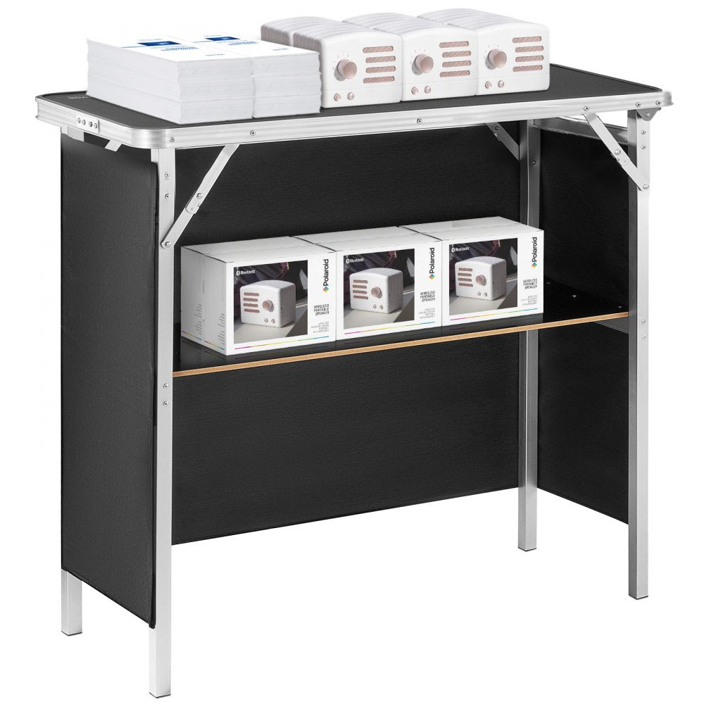 VEVOR Folding Portable Bar Table, Tradeshow Podium Table for Indoor, Outdoor, Party, Picnic, Exhibition, Includes Carrying Case, Storage Shelf and  Black Skirt, 38.39" x 15.16" x 34.25"
