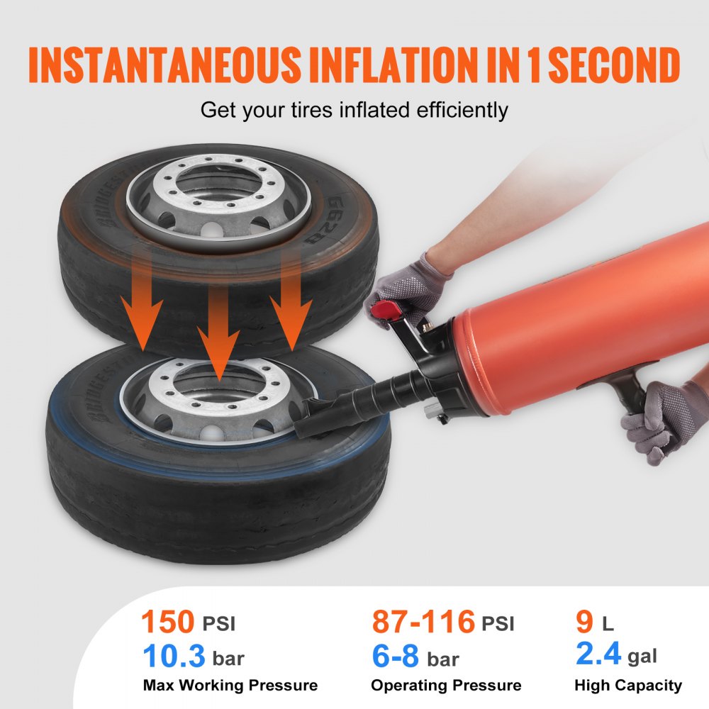 VEVOR Tire Bead Blaster, 150 PSI, Handheld 2.4 Gal/9 L Air Bead Seater, Portable Inflation Tool, 87-116 PSI for Trucks, ATVs, Cars, and Tractor Tire Repairs