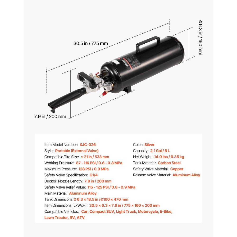 VEVOR Portable Tire Bead Seater, 2.1 Gal / 8 L Air Bead Blaster, Handheld Tire Inflator Tool, 87-116 PSI Operating Pressure, Trigger Seating Inflator for Car, Compact SUV, Light Truck, E-Bike, RV, ATV