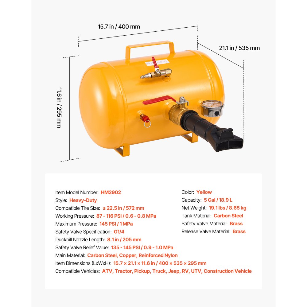 VEVOR Air Tire Bead Seater, 5 Gal / 18.9 L, Heavy Duty Tire Bead Blaster Tool, 87-116 PSI Operating Pressure, Air Trigger Seating Inflator for Pickup, Truck, ATV, Jeep, Van, Lawn Tractor, RV, Yellow