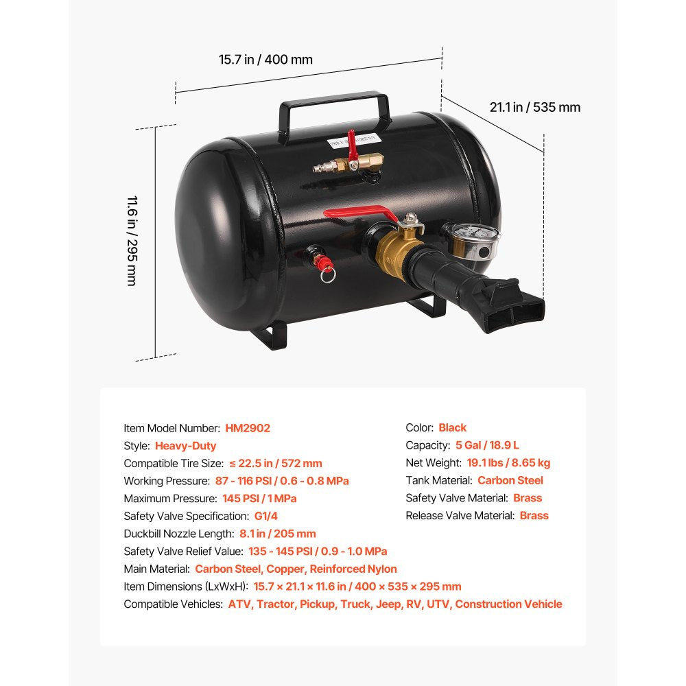VEVOR Air Tire Bead Seater, 5 Gal / 18.9 L, Heavy Duty Tire Bead Blaster Tool, 87-116 PSI Operating Pressure, Air Trigger Seating Inflator for Pickup, Truck, ATV, Jeep, Van, Lawn Tractor, RV, Black