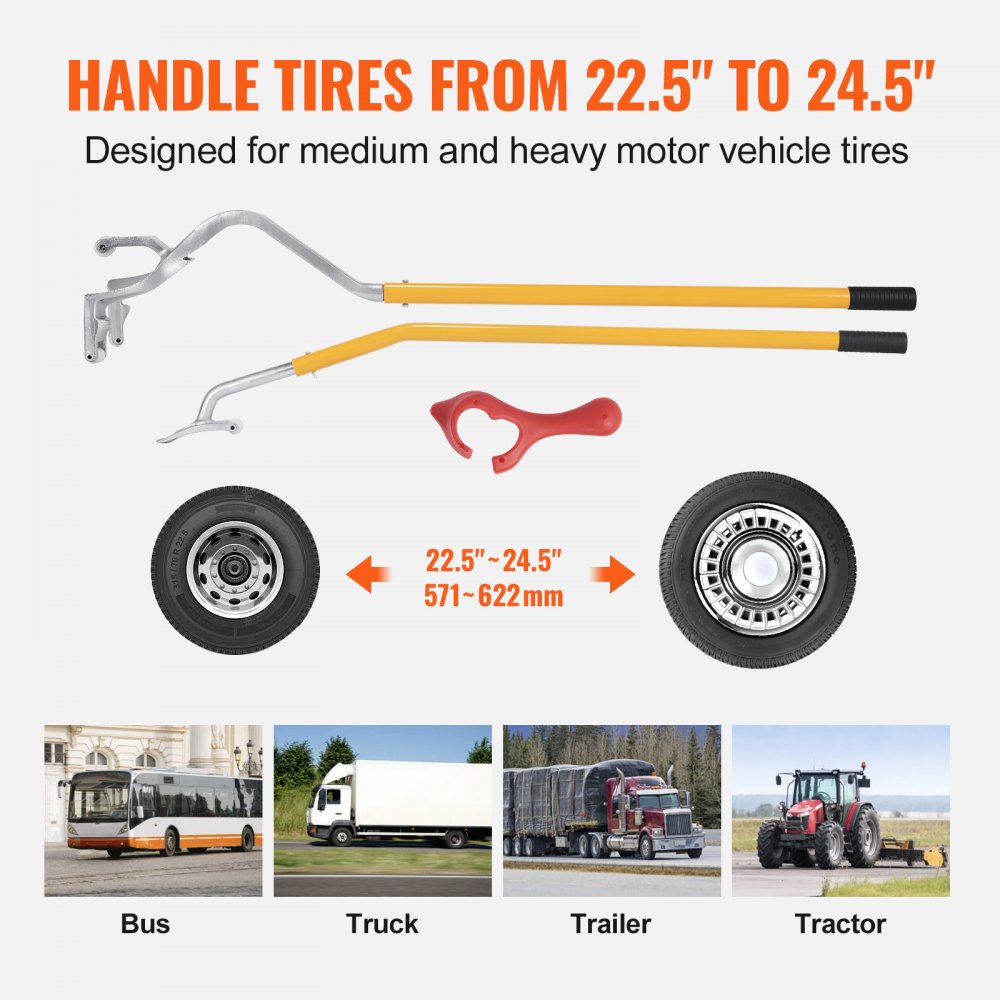 VEVOR Tire Mount Demount Tool, 22.5-24.5 inch Manual Steel Tire Changer Mount Demount Removal Tool, with Extra bead holder, Tubeless Truck Bead Breaker, 3 PCS Tire Changing Tools, Orange