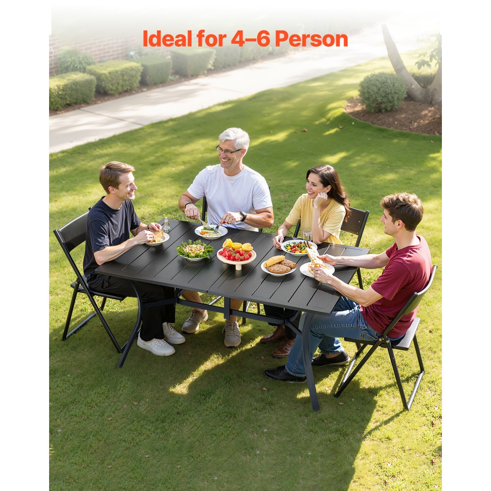 VEVOR Outdoor Patio Dining Table, 59 inch Long Rectangular Metal Steel Slat Backyard Bistro Tables for 4-6, with 1.5 in Umbrella Hole, All-Weather Large Furniture for Lawn Garden Porch, Black
