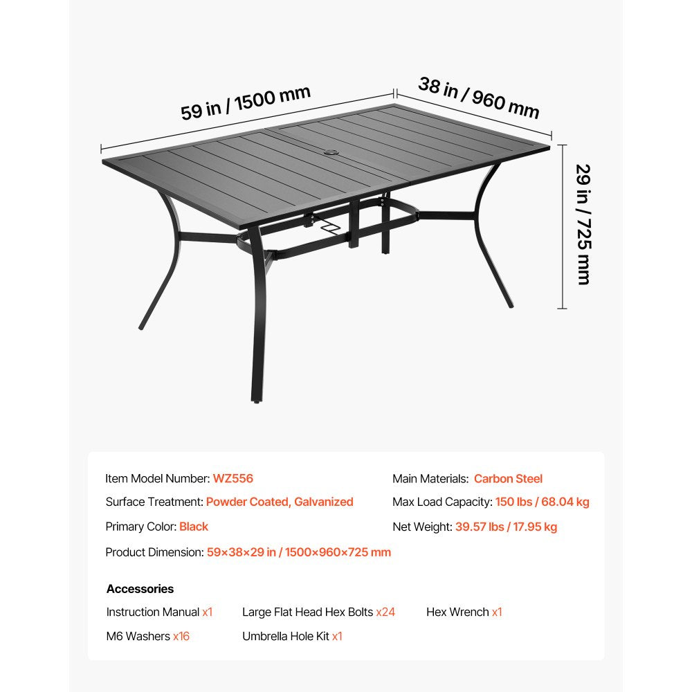 VEVOR Outdoor Patio Dining Table, 59 inch Long Rectangular Metal Steel Slat Backyard Bistro Tables for 4-6, with 1.5 in Umbrella Hole, All-Weather Large Furniture for Lawn Garden Porch, Black