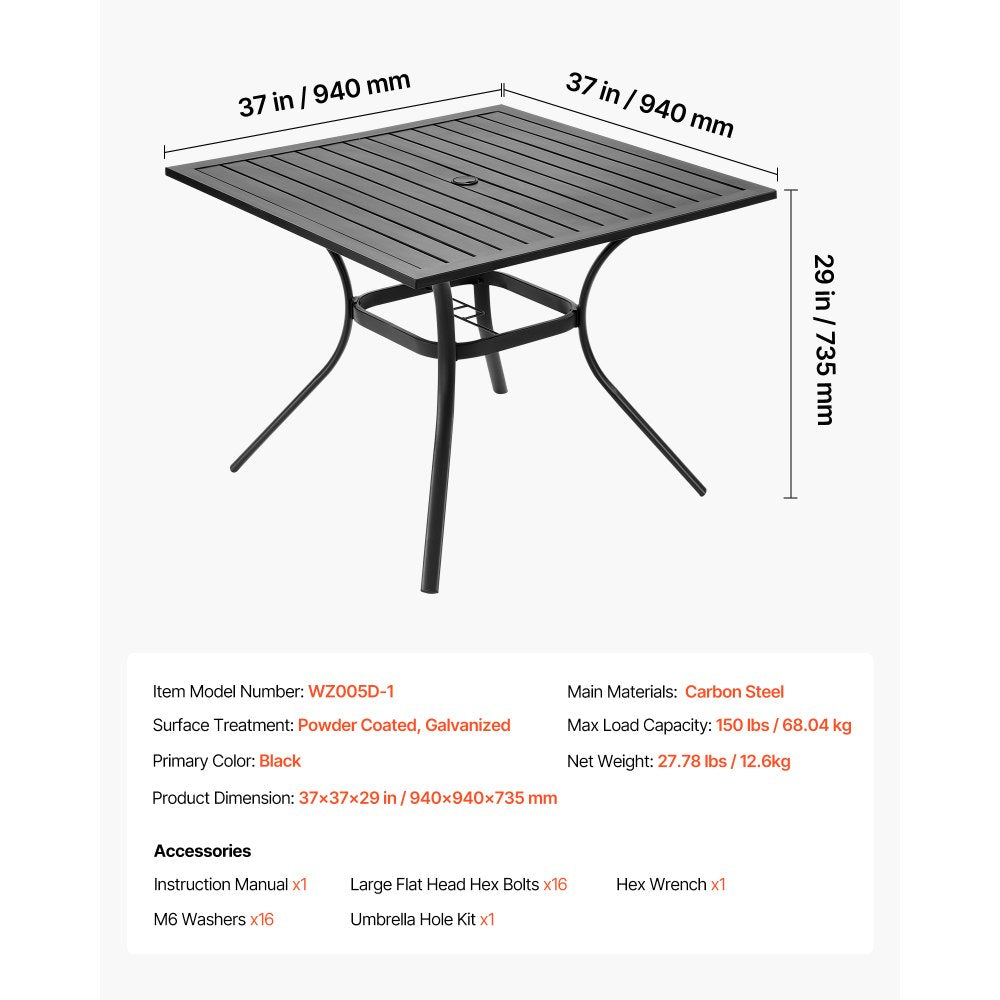 VEVOR Outdoor Patio Dining Table, 37 inch Square Metal Steel Slat Backyard Bistro Tables, with 1.5 in Umbrella Hole, Outside All-Weather Large Furniture for Lawn Garden Porch, Black