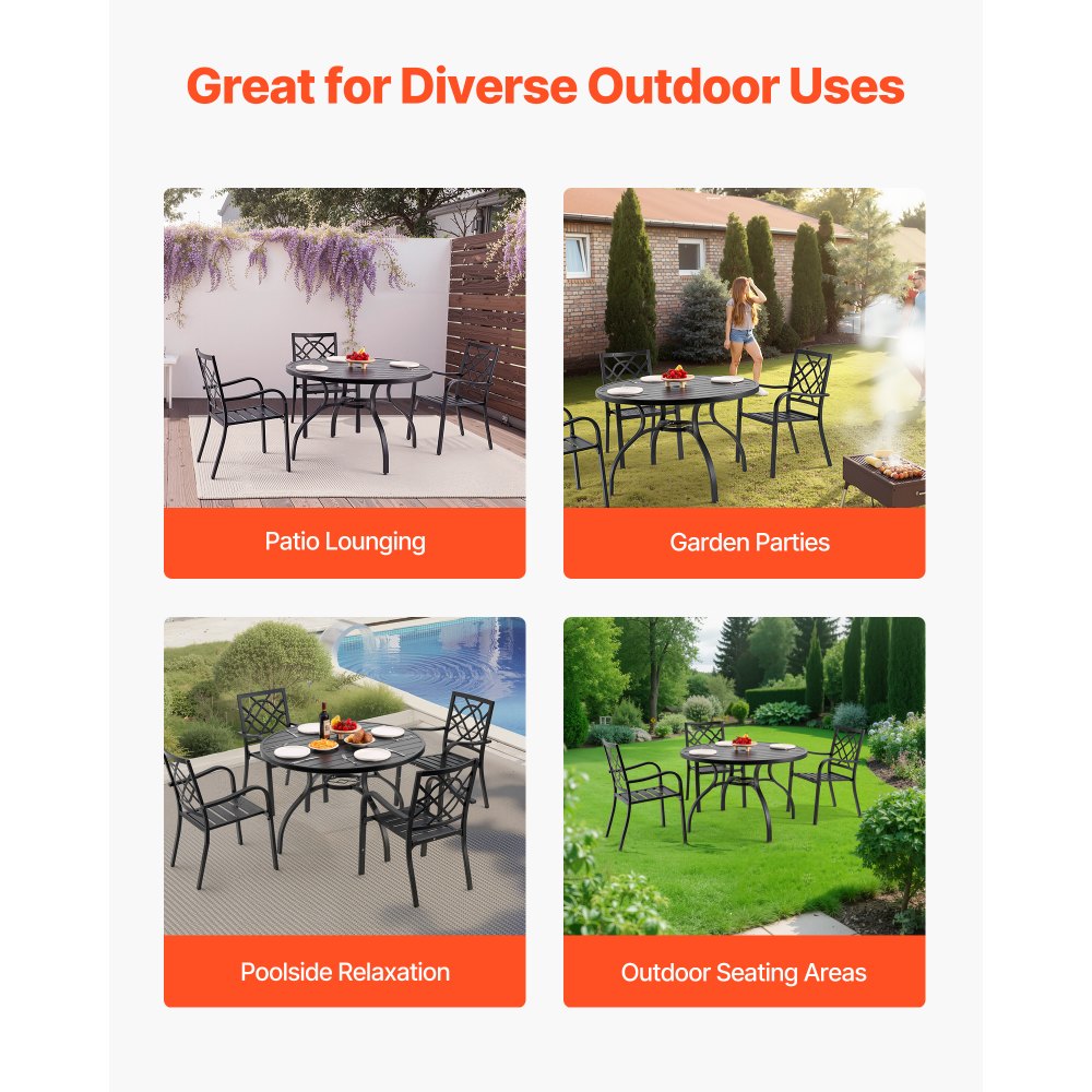 VEVOR Outdoor Patio Dining Table, 47 inch Round Metal Steel Slat Backyard Bistro Tables, with 1.5 in Umbrella Hole, Outside All-Weather Large Furniture for Lawn Garden Porch, Black
