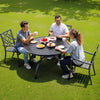 VEVOR Outdoor Patio Dining Table, 47 inch Round Metal Steel Slat Backyard Bistro Tables, with 1.5 in Umbrella Hole, Outside All-Weather Large Furniture for Lawn Garden Porch, Black
