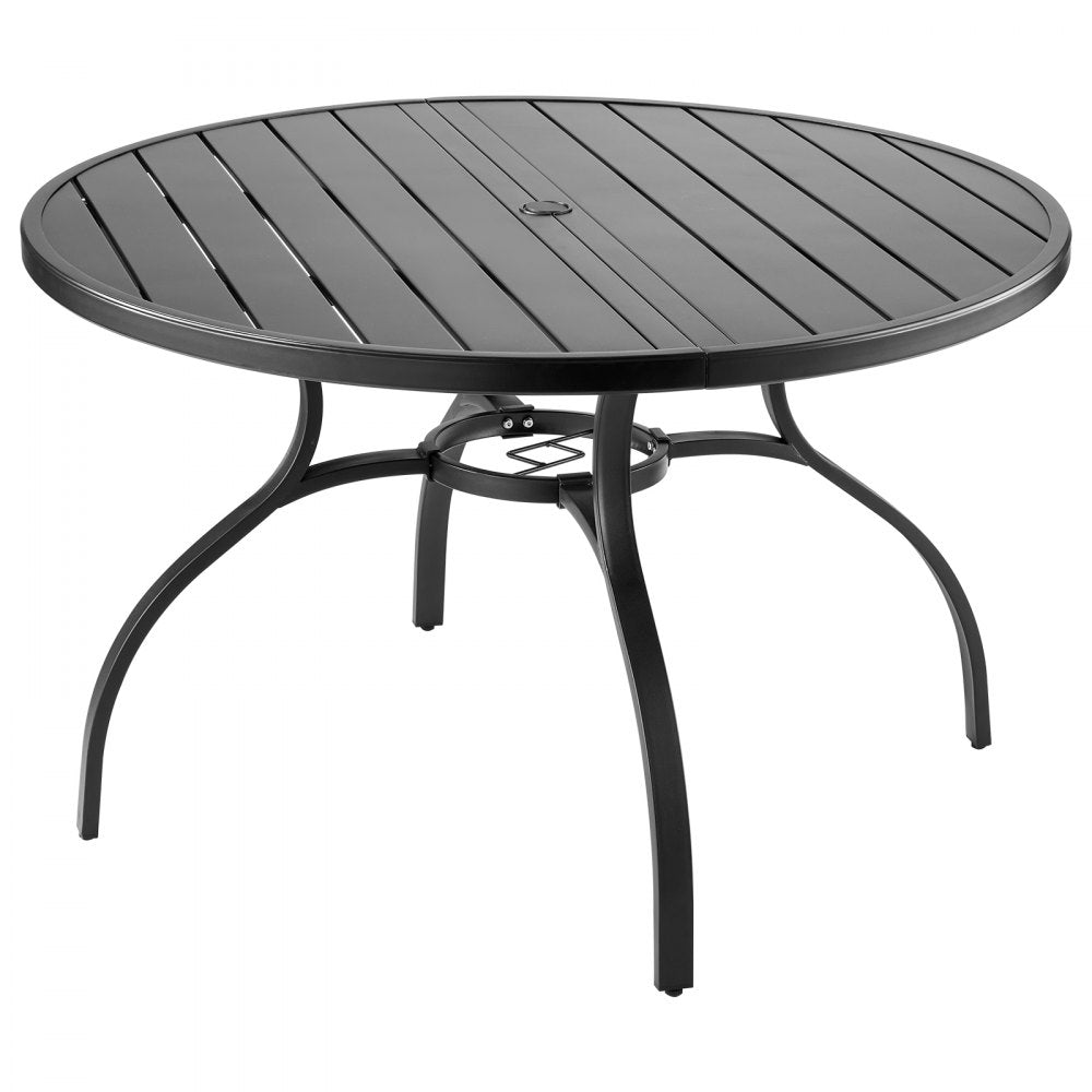 VEVOR Outdoor Patio Dining Table, 47 inch Round Metal Steel Slat Backyard Bistro Tables, with 1.5 in Umbrella Hole, Outside All-Weather Large Furniture for Lawn Garden Porch, Black