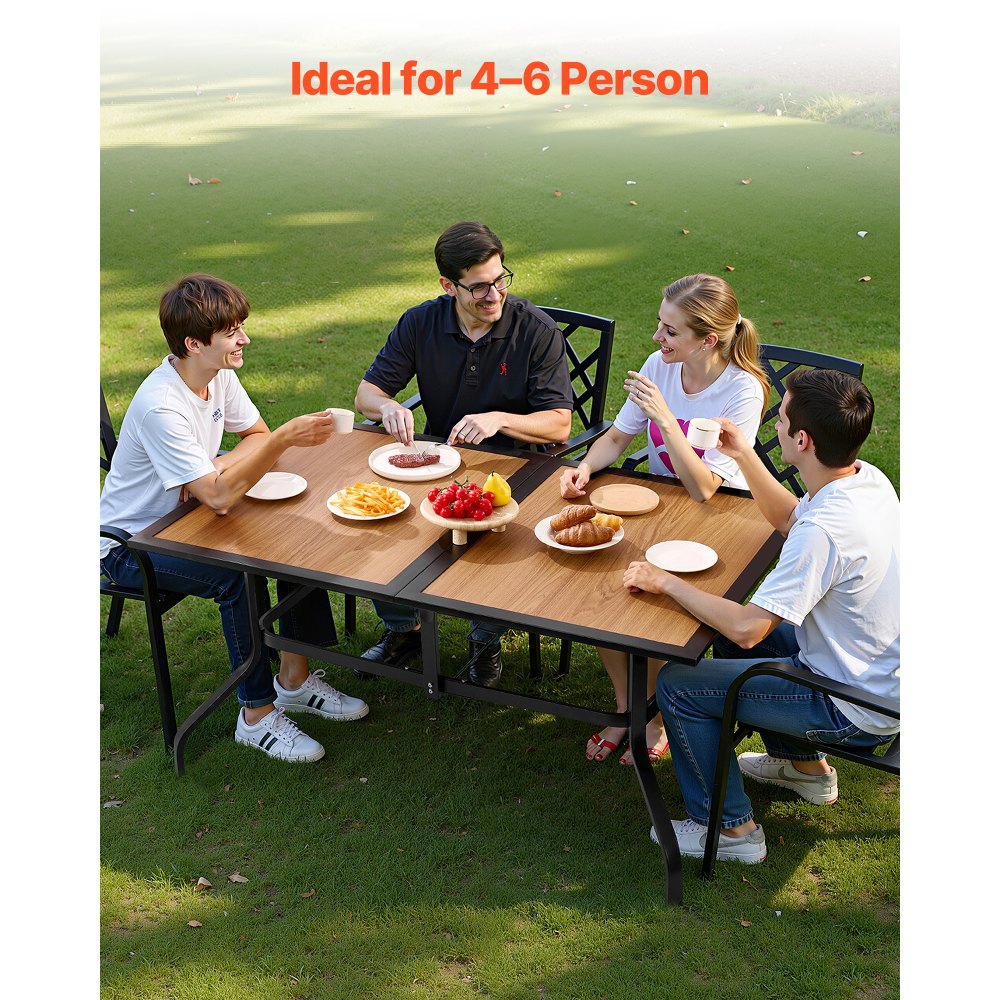 VEVOR Outdoor Patio Dining Table, 59 inch Long Rectangular Wood-Like Steel Slat Backyard Bistro Tables for 4-6,  with 1.5 in Umbrella Hole, All-Weather Large Furniture for Lawn Garden Porch, Brown