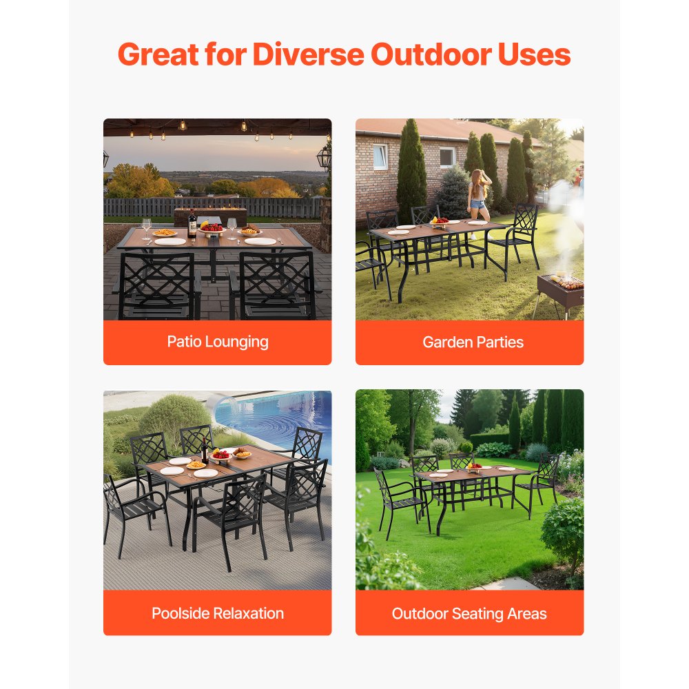 VEVOR Outdoor Patio Dining Table, 59 inch Long Rectangular Wood-Like Steel Slat Backyard Bistro Tables for 4-6,  with 1.5 in Umbrella Hole, All-Weather Large Furniture for Lawn Garden Porch, Brown