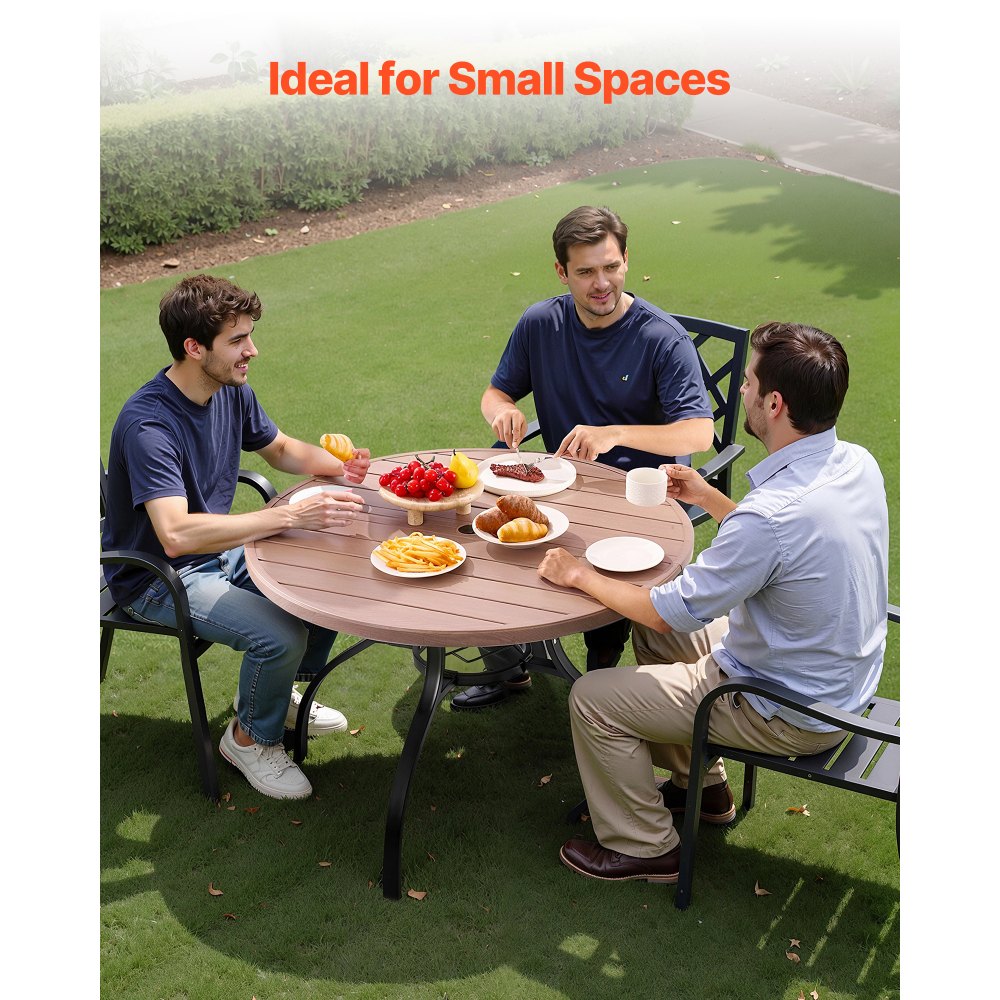 VEVOR Outdoor Patio Dining Table, 41 inch Round Wood-Like Steel Slat Backyard Bistro Coffee Tables for 4, with 1.5 in Umbrella Hole, Outside All-Weather Large Furniture for Lawn Garden Porch, Gray