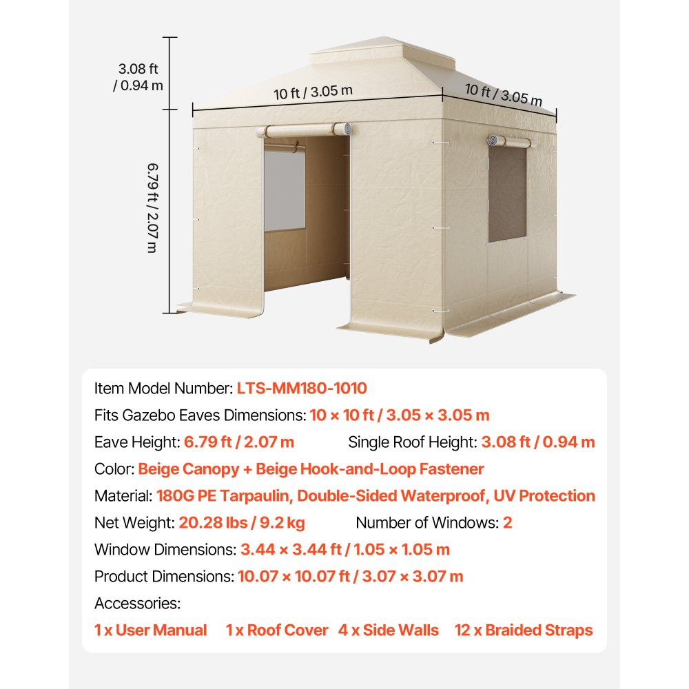 VEVOR Winter Gazebo Cover Fits 10 x 10 ft Hardtop Gazebos, All-Weather Double-Tiered Gazebo Cover with Sidewalls & Mesh Windows, High-Density PE Enclosed Storage Shelter Covers, Gazebos not Included