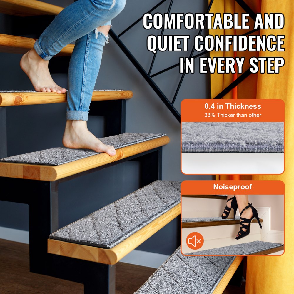 VEVOR Stair Treads, Stairs Carpet Non Slip 9" x 28", Indoor Stair Runner for Wooden Steps, Anti Slip Carpet Soft Edging Stair Rugs Mats for Kids Elders and Dogs, 15 pcs, Gray