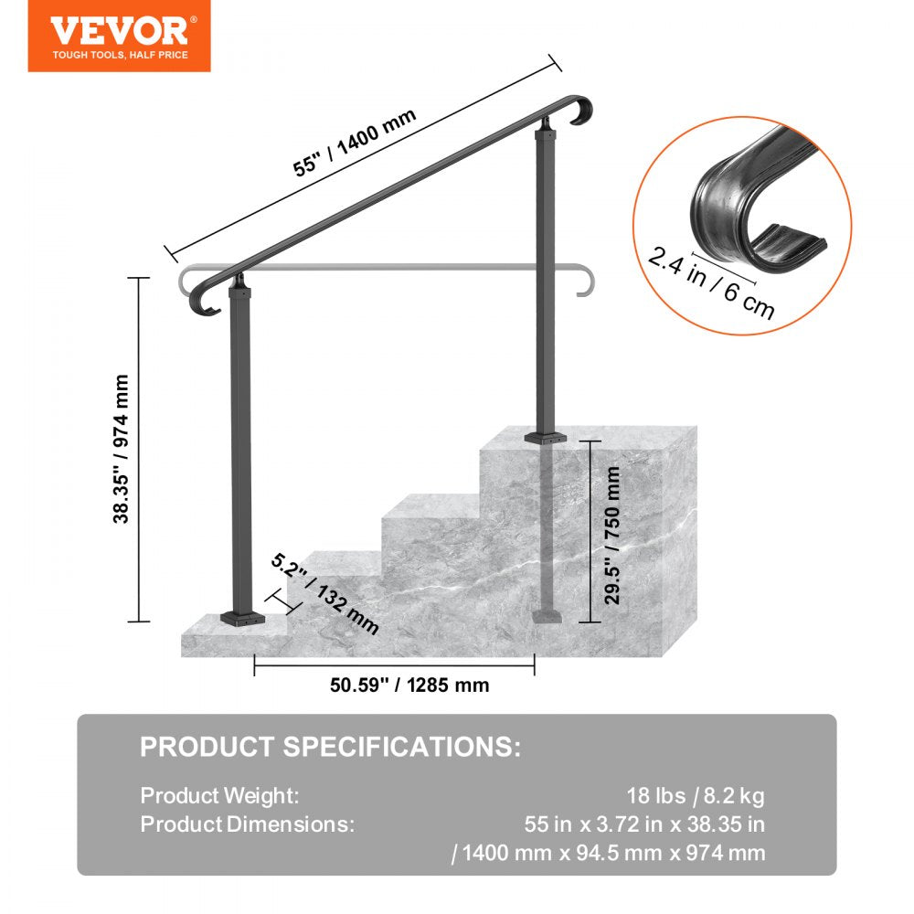 VEVOR Handrails for Outdoor Steps, Fit 3-5 Steps Outdoor Stair Railing, Wrought Iron Handrail, Flexible Front Porch Hand Rail, Black Transitional Hand railings for Concrete Steps or Wooden Stairs