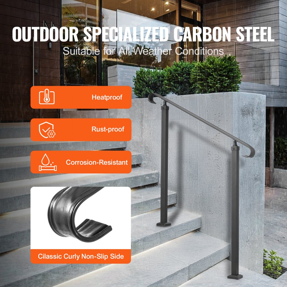 VEVOR Handrails for Outdoor Steps, Fit 1-3 Steps Outdoor Stair Railing, Wrought Iron Handrail, Adjustable Front Porch Hand Rail, Black Transitional Hand railings for Concrete Steps or Wooden Stairs