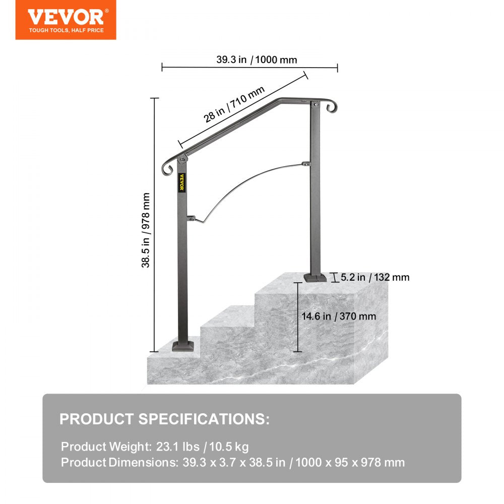 VEVOR Handrails for Outdoor Steps, Fit 2 or 3 Steps Outdoor Stair Railing, Arch#2 Wrought Iron Handrail, Flexible Porch Railing, Black Transitional Handrails for Concrete Steps or Wooden Stairs