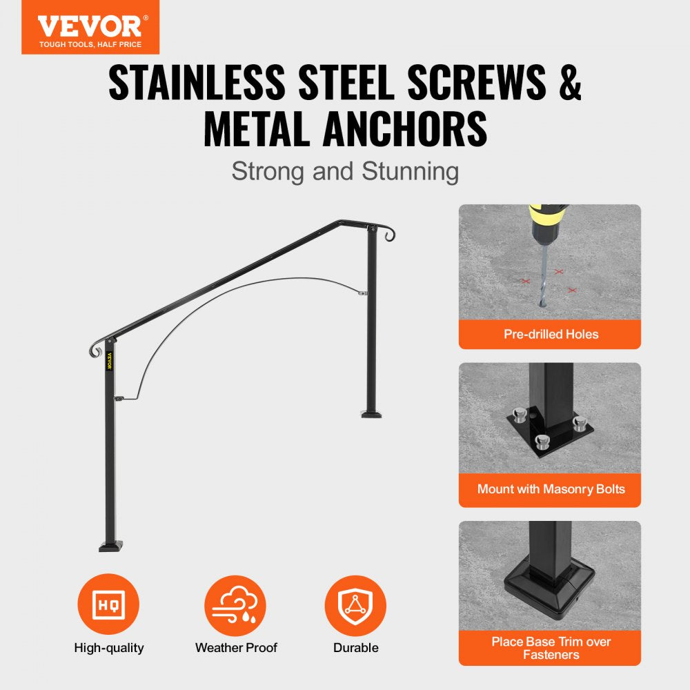 VEVOR Handrails for Outdoor Steps, Fit 4 or 5 Steps Outdoor Stair Railing, Arch#4 Wrought Iron Handrail, Flexible Porch Railing, Black Transitional Handrails for Concrete Steps or Wooden Stairs