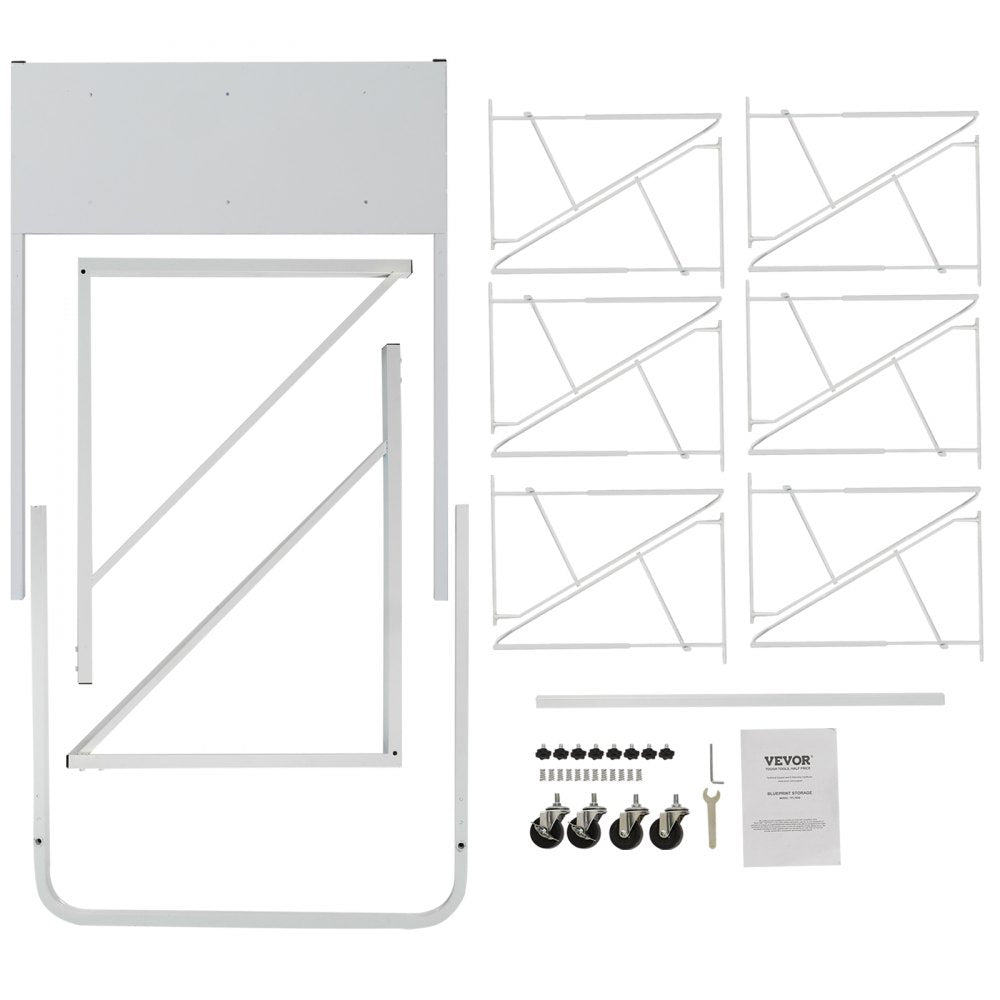 VEVOR Mobile Blueprint Storage Rack, Plan Holder with 12 Pivot Brackets, Mobile Blueprint Holder Adjustable Height & Length, Poster Display Rack for Office and Home (Rack Only Without Clamps)