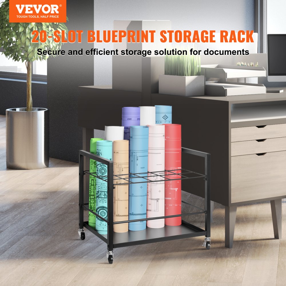 VEVOR Blueprint Storage Rack, 20 Slots Blueprint Holder with Wheels, Mobile Metal Blueprint Storage Cart for Map Poster Architectural Construction Plan, Roll File Organizer for Home, Office, School