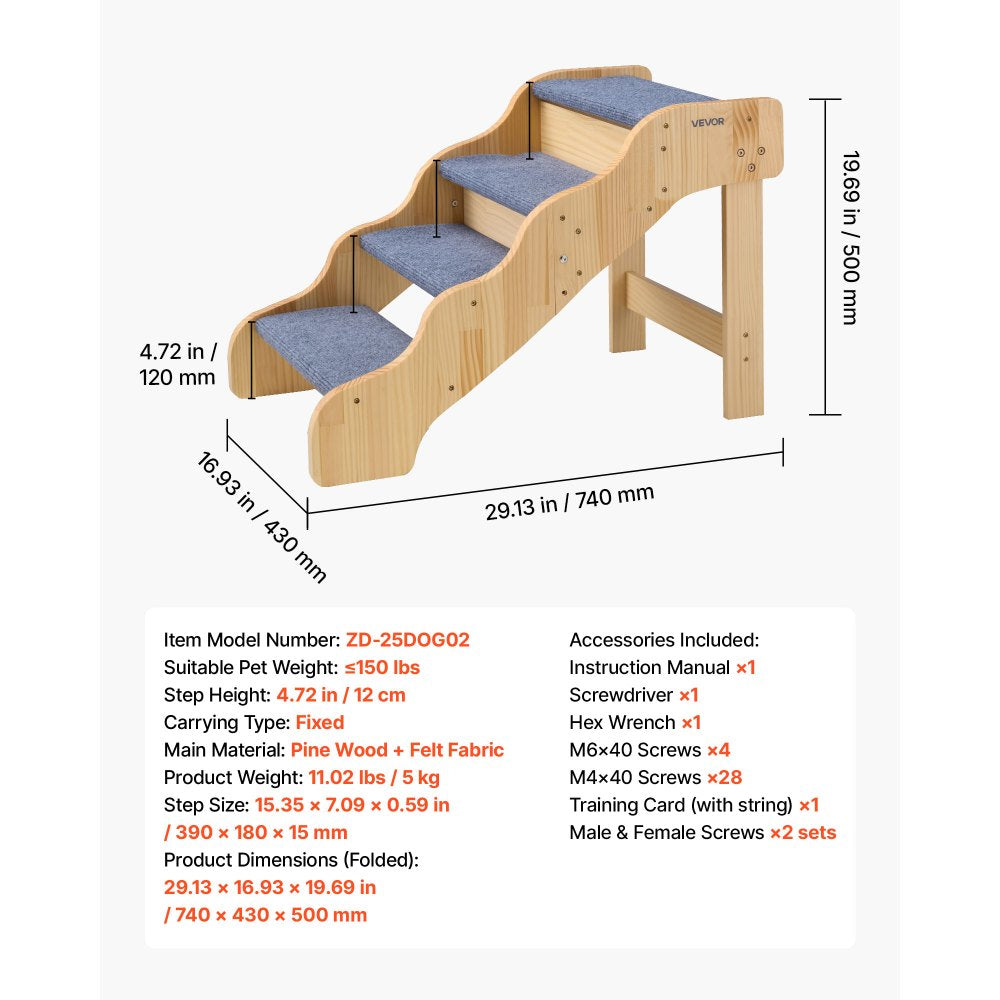 VEVOR Wood Pet Stairs, 4-Step Dog Stairs for High Beds, Sofa & Cars, 150lbs Load Capacity, Non-Slip Surface, Stable Cat & Dog Step Ladder for Small Medium Large Older Pet Puppy Essentials