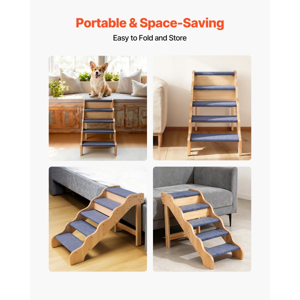 VEVOR Wood Pet Stairs, 5-Step Dog Stairs for High Beds, Sofa & Cars, 150lbs Load Capacity, Non-Slip Surface, Stable Cat & Dog Step Ladder for Small Medium Large Older Pet Puppy Essentials