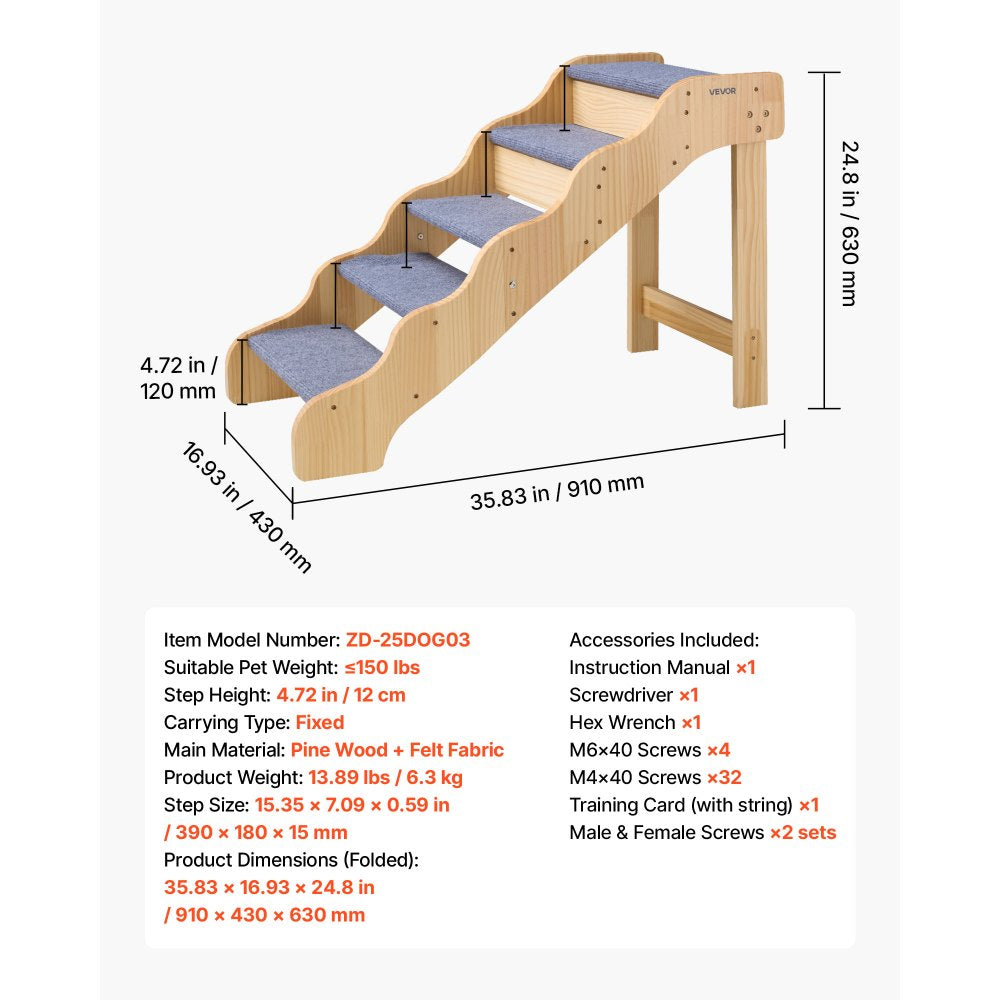 VEVOR Wood Pet Stairs, 5-Step Dog Stairs for High Beds, Sofa & Cars, 150lbs Load Capacity, Non-Slip Surface, Stable Cat & Dog Step Ladder for Small Medium Large Older Pet Puppy Essentials