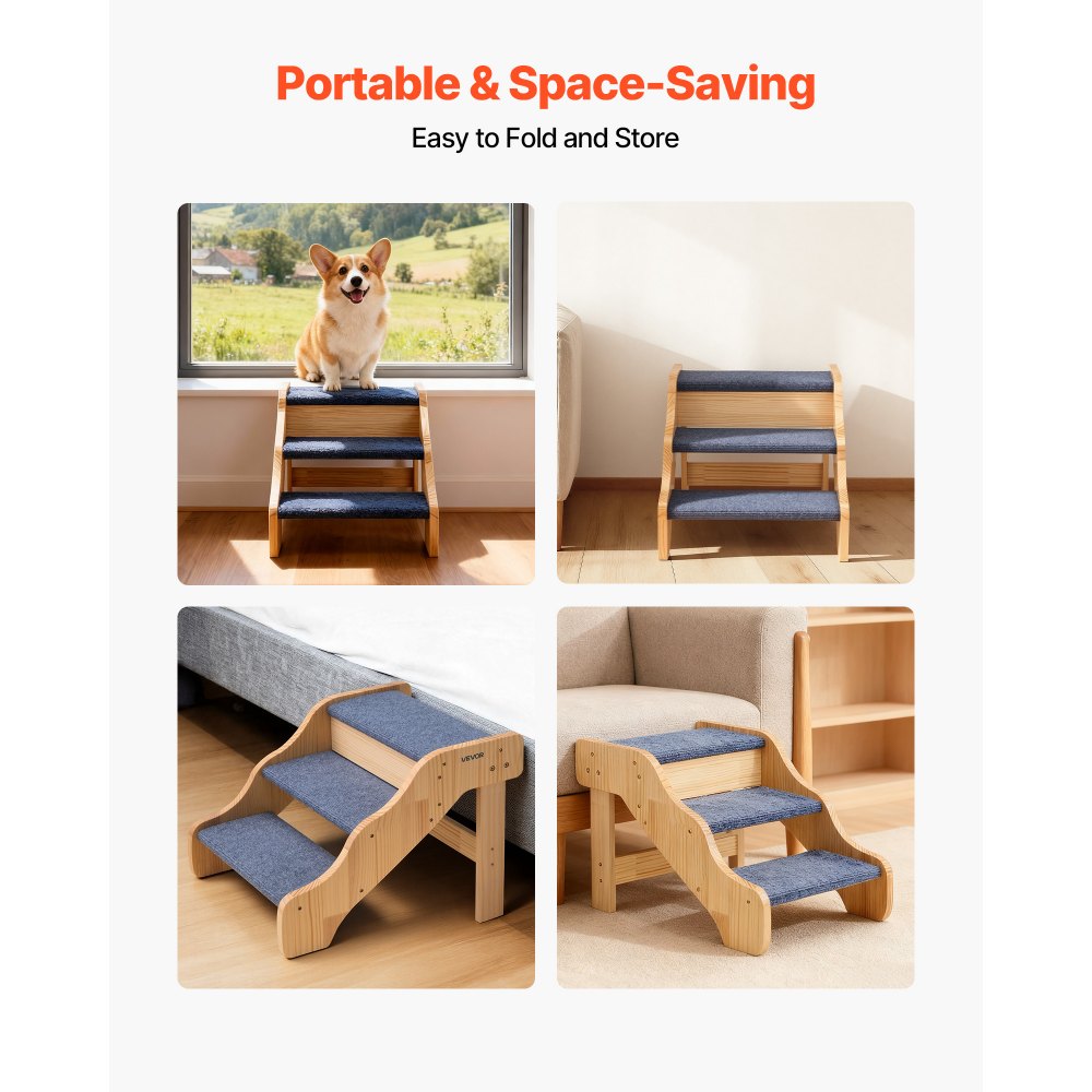 VEVOR Wood Pet Stairs, 3-Step Dog Stairs for High Beds, Sofa & Cars, 150lbs Load Capacity, Non-Slip Surface, Stable Cat & Dog Step Ladder for Small Medium Large Older Pet Puppy Essentials