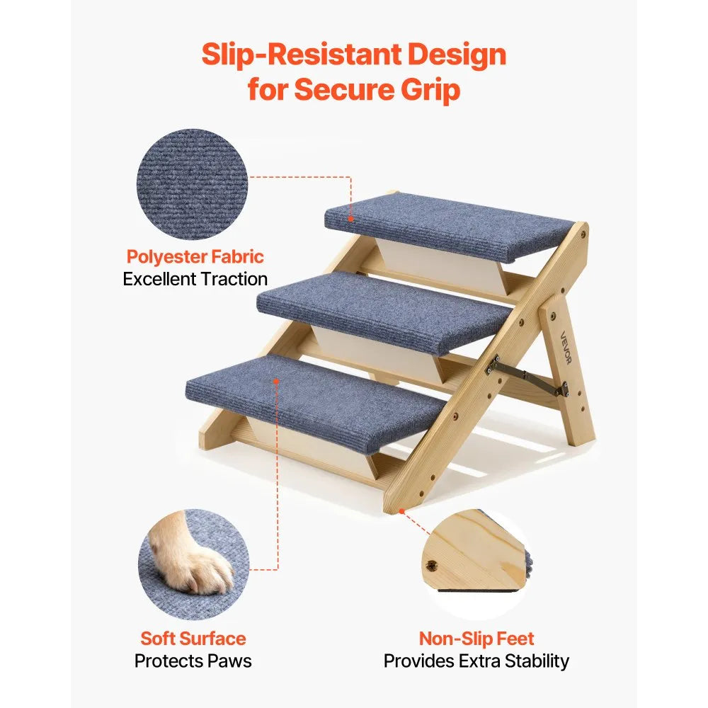 VEVOR Wood Pet Stairs, 3-Step Dog Stairs for Beds, Sofa & Cars, 150lbs Load Capacity, Floded Flat Design, Stable & Sturdy Cat & Dog Step Ladder for Small Medium Large Older Pet Puppy Essentials