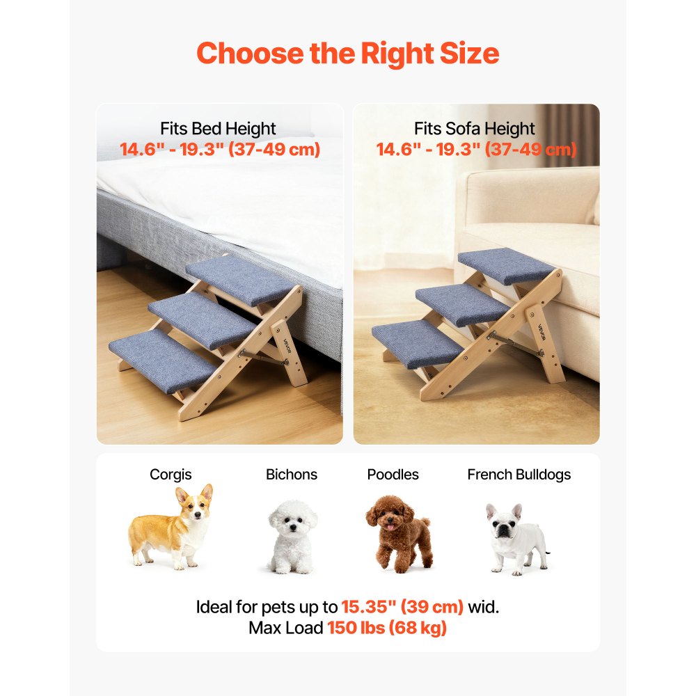 VEVOR Wood Pet Stairs, 3-Step Dog Stairs for Beds, Sofa & Cars, 150lbs Load Capacity, Floded Flat Design, Stable & Sturdy Cat & Dog Step Ladder for Small Medium Large Older Pet Puppy Essentials