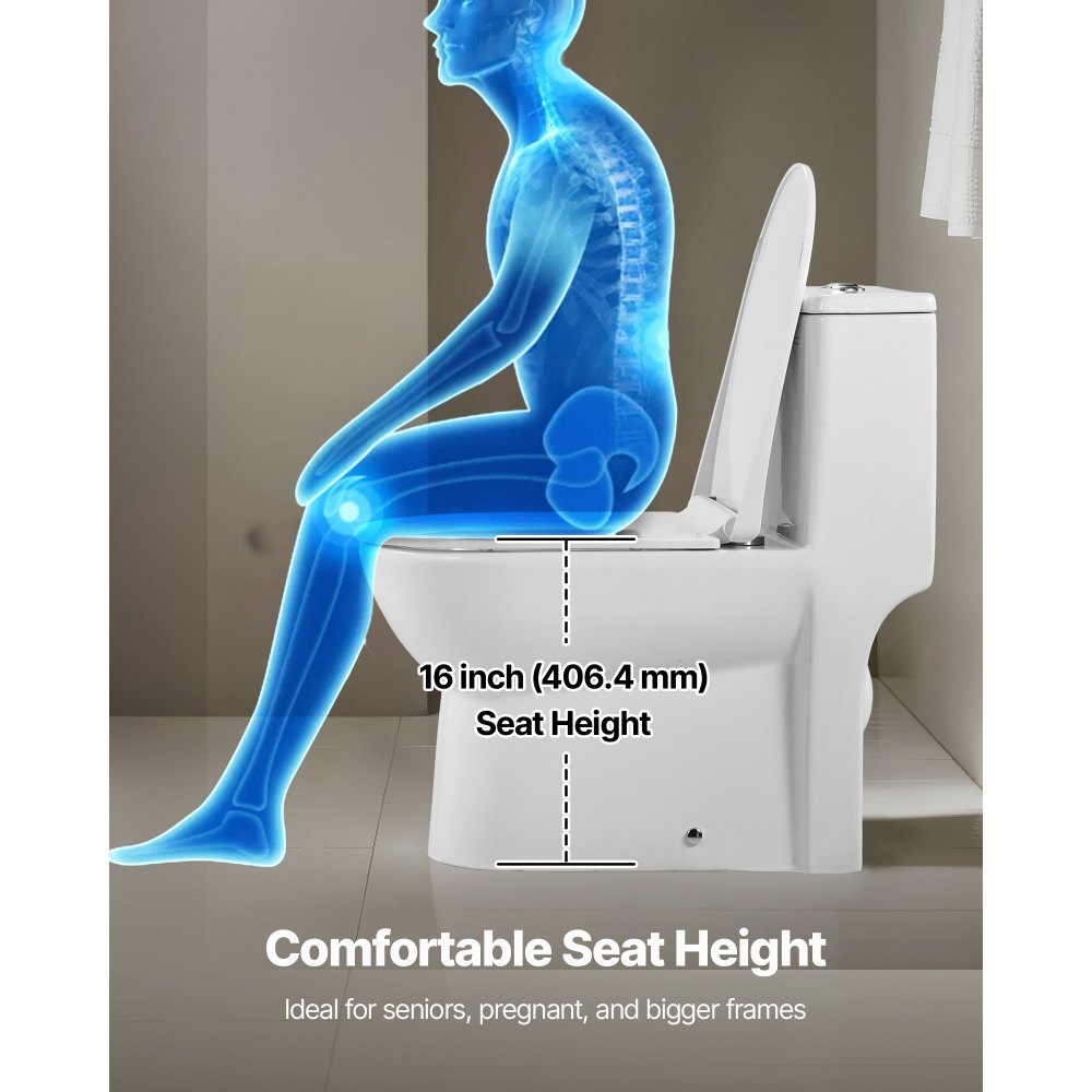 VEVOR One-Piece Toilet, Elongated Toilet Vortex Dual-Flush 1.1/1.6 GPF, Toilets for Bathroom with Comfortable Chair Seat, Standard Height, Easy-Clean Skirted Design, 12 inch Rough-In, White + Silver