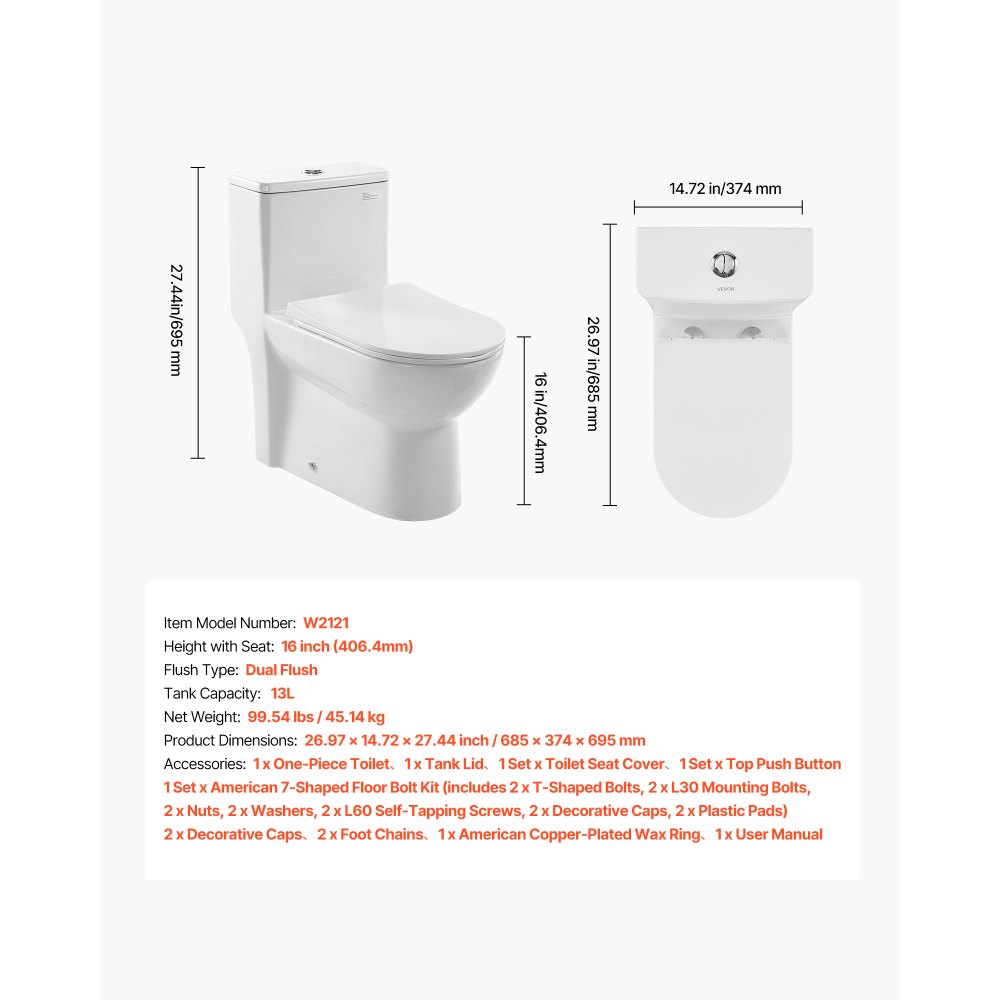 VEVOR One-Piece Toilet, Elongated Toilet Vortex Dual-Flush 1.1/1.6 GPF, Toilets for Bathroom with Comfortable Chair Seat, Standard Height, Easy-Clean Skirted Design, 12 inch Rough-In, White + Silver