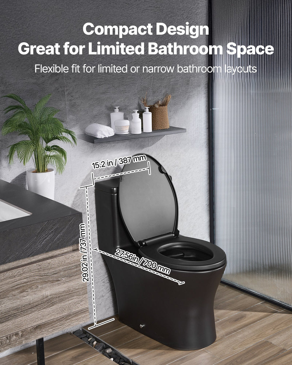 Compact design with dimensions shown (VEVOR one-piece toilet)