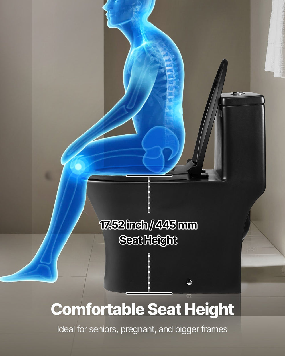 Comfortable standard seat height 17.52 in / 445 mm (VEVOR one-piece toilet)