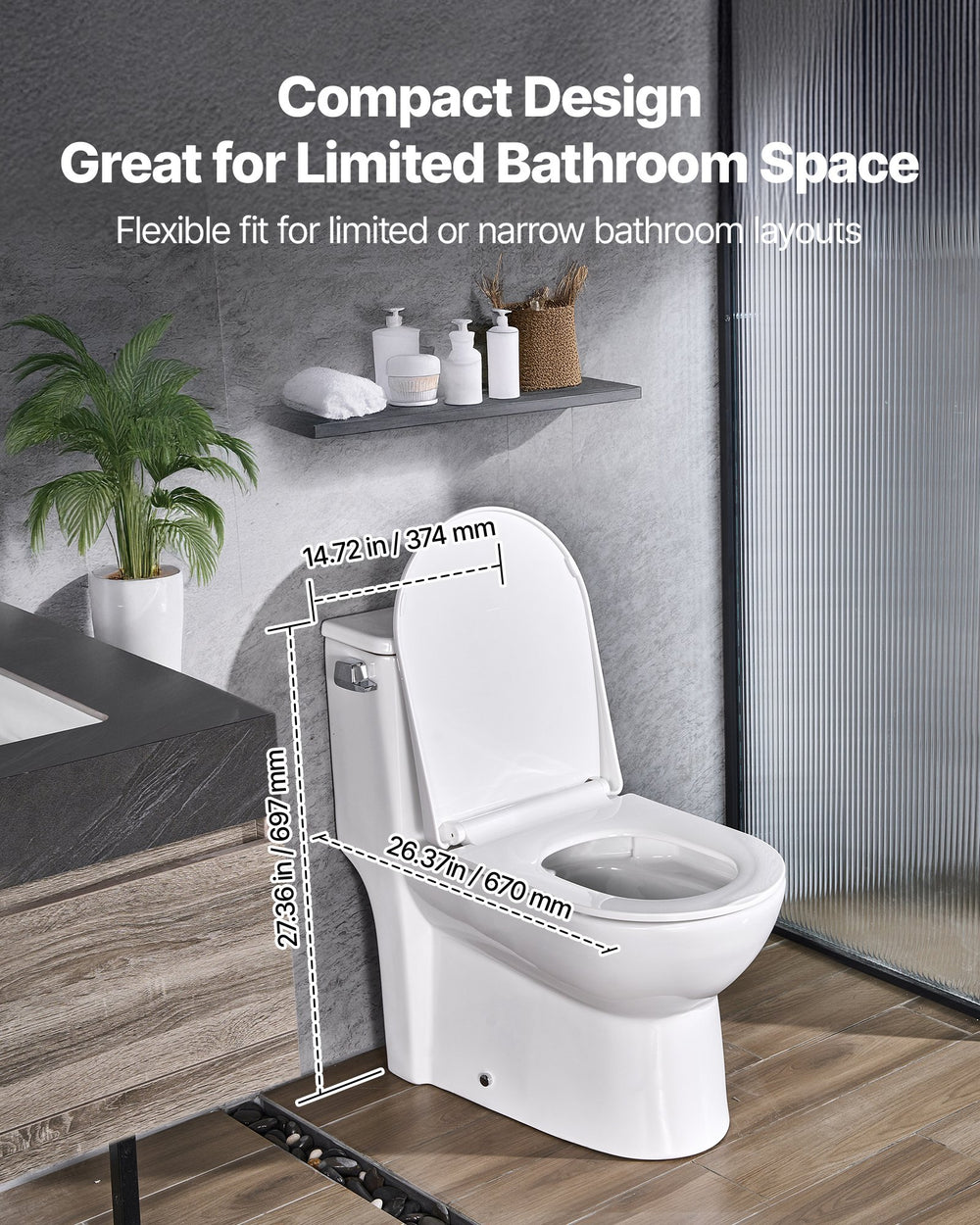 VEVOR one-piece toilet - compact design with dimensions shown