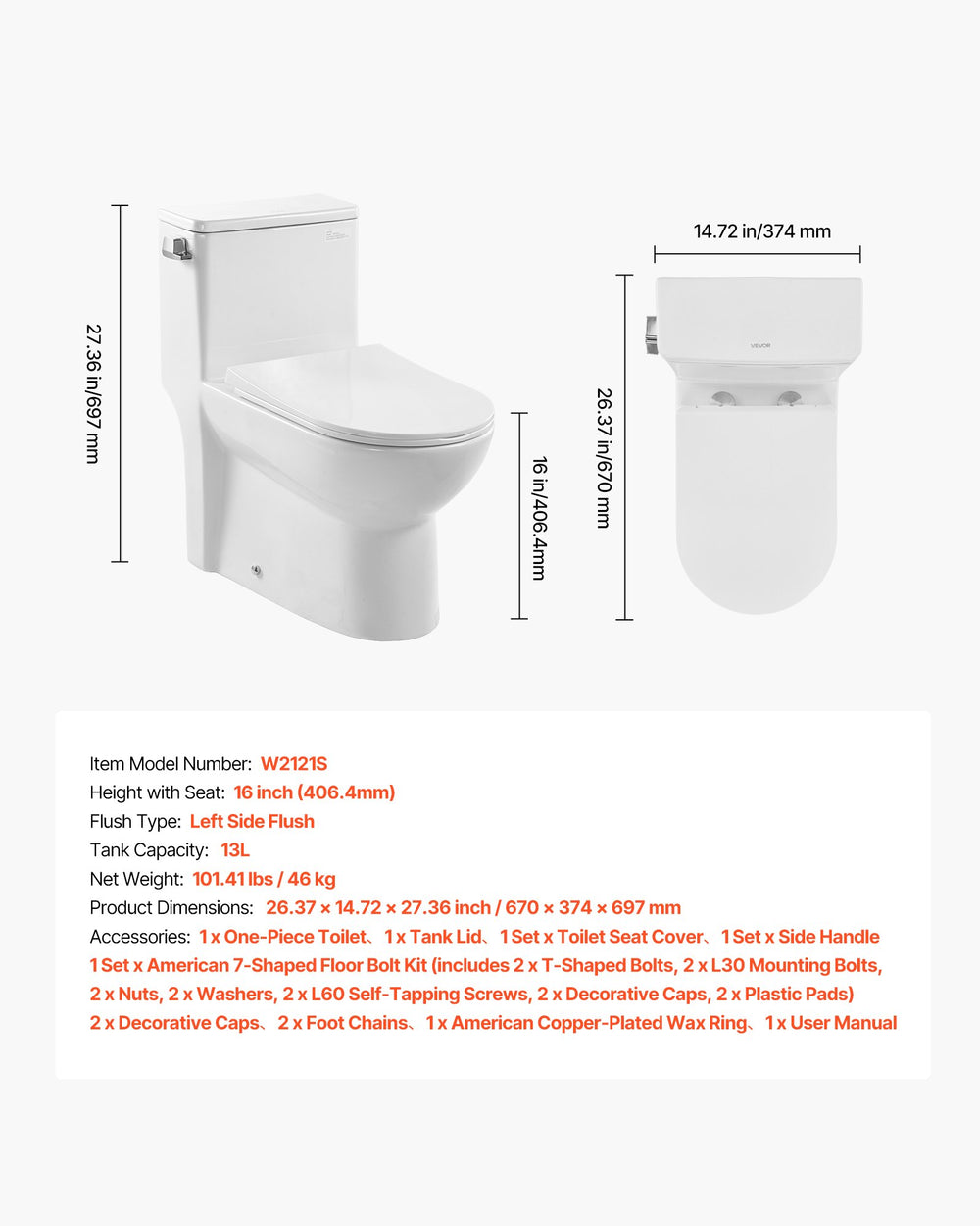 VEVOR one-piece toilet - size diagram and key specifications (model W2121S)
