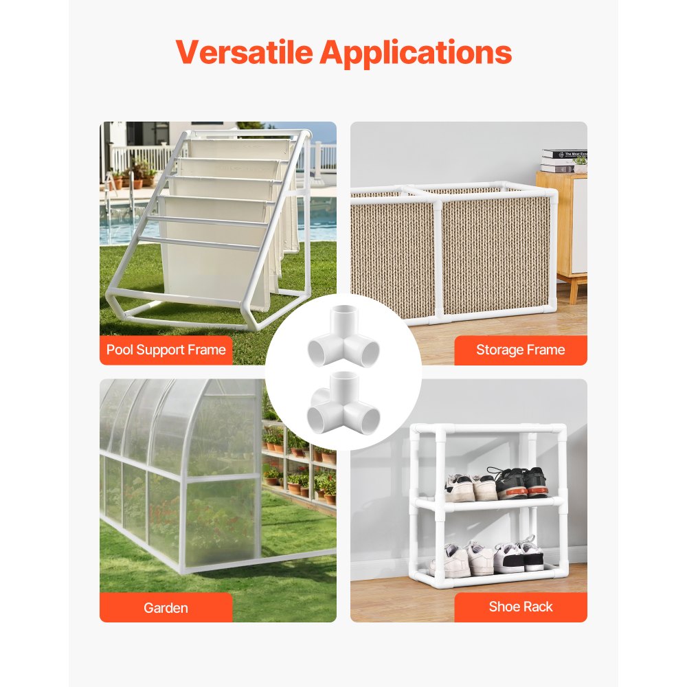 VEVOR 3-Way PVC Fittings, 1-inch PVC Pipe Joints Elbow Connector, 10-Pack Furniture Grade PVC Tee Fittings for DIY Storage Rack, Animal Cage, Pool or Garden Support Frame, Impact & Weather-Resistant