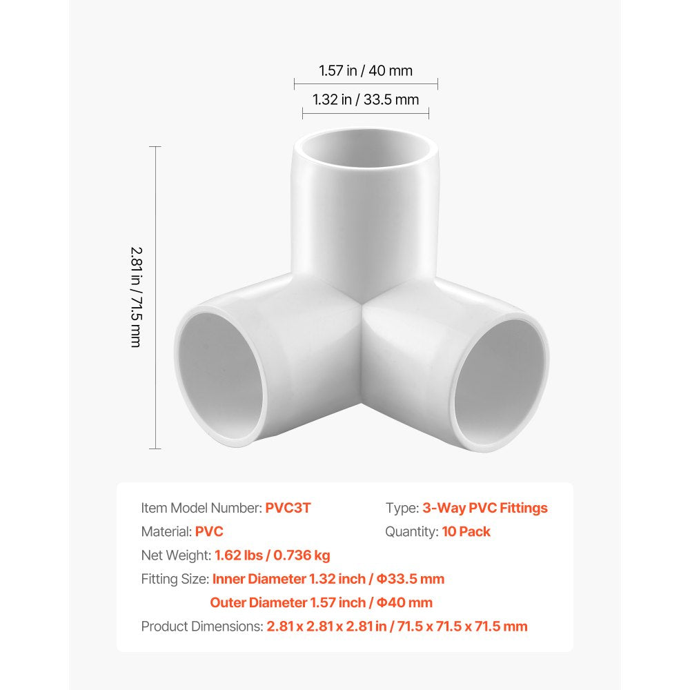 VEVOR 3-Way PVC Fittings, 1-inch PVC Pipe Joints Elbow Connector, 10-Pack Furniture Grade PVC Tee Fittings for DIY Storage Rack, Animal Cage, Pool or Garden Support Frame, Impact & Weather-Resistant