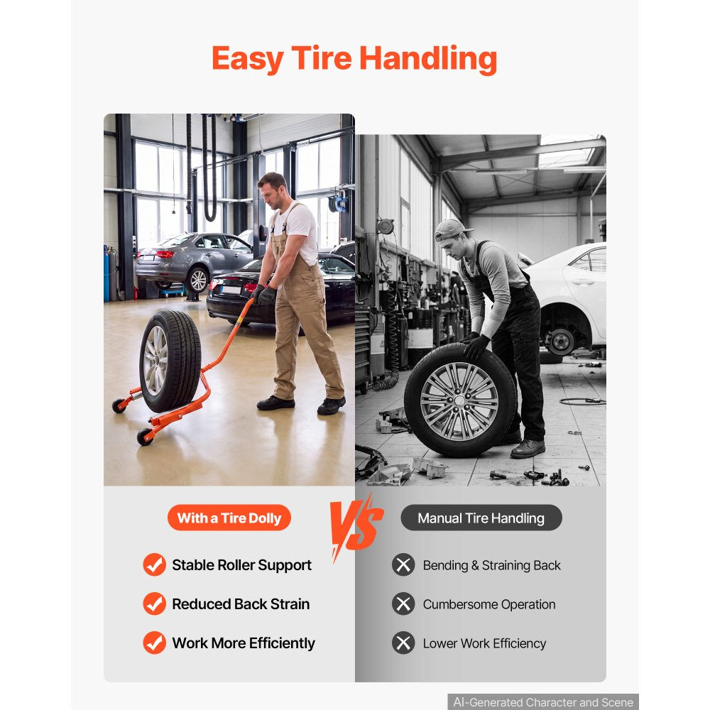 VEVOR Tire Wheel Dolly, 450LBS Heavy Duty Steel Truck Car Tire Dolly, Fits 35–47 in Tires, 360° Rotating Rollers, Extended Labor-Saving Handle, Smooth-Rolling Tire Lifter for Workshops & Home Garages