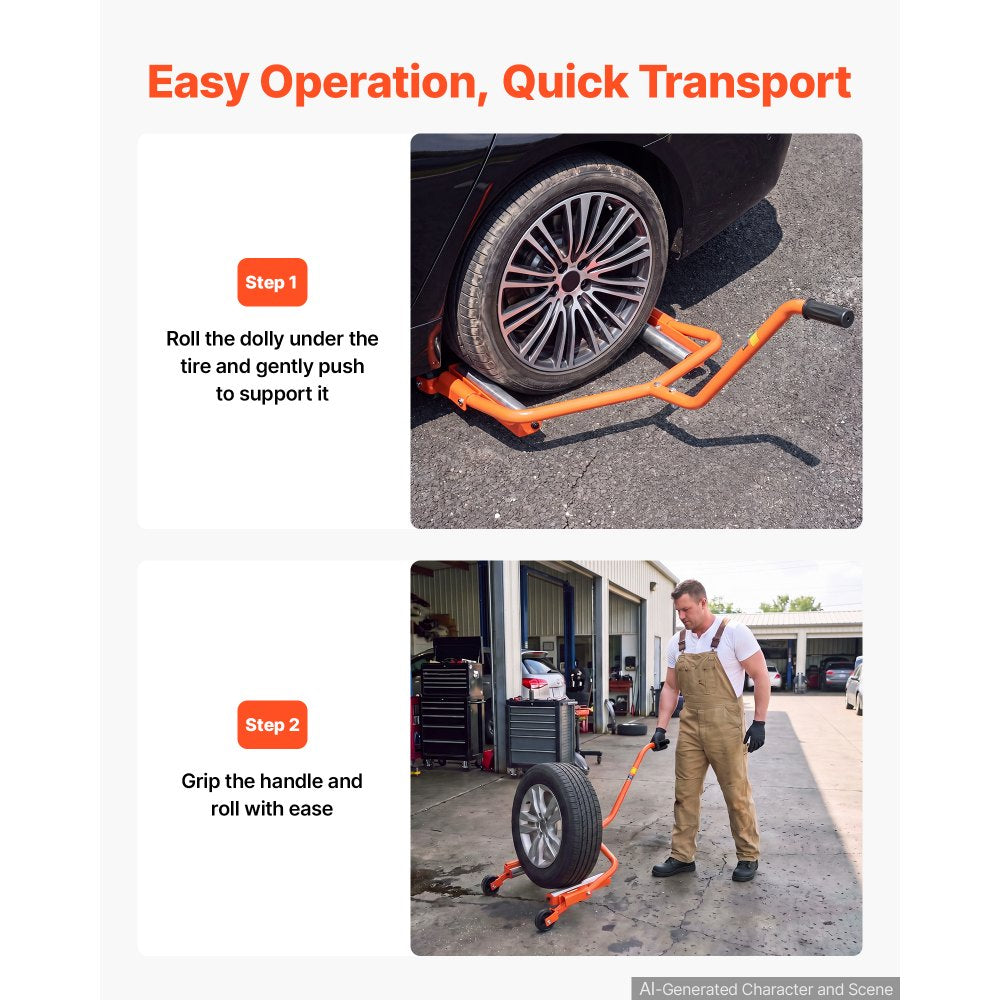 VEVOR Tire Wheel Dolly, 450LBS Heavy Duty Steel Truck Car Tire Dolly, Fits 35–47 in Tires, 360° Rotating Rollers, Extended Labor-Saving Handle, Smooth-Rolling Tire Lifter for Workshops & Home Garages