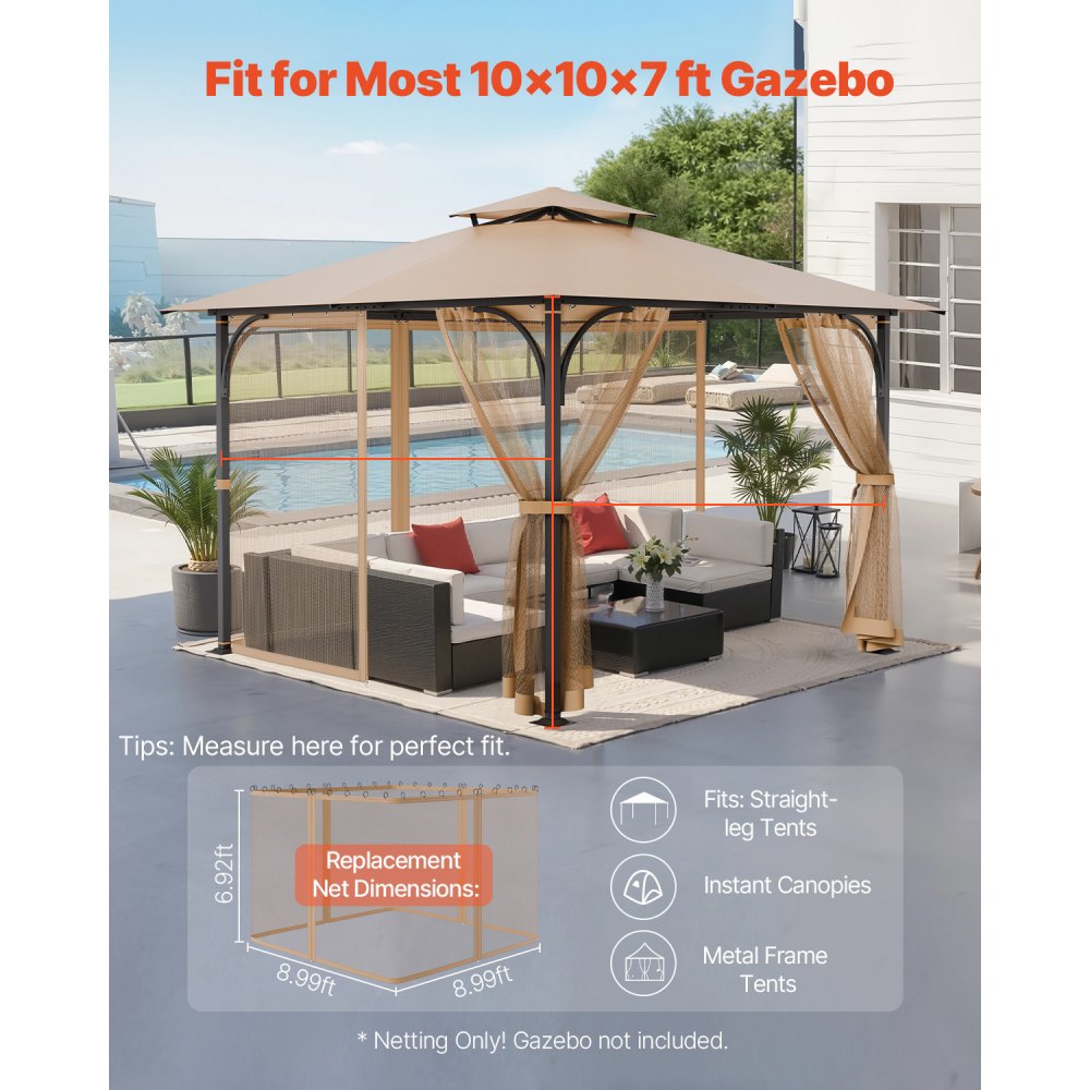 VEVOR Gazebo Netting Replacement, Fit Most 10 x 10 x 7 FT Gazebo Curtain, Outdoor Garden Net, 4-Panel Sidewall Mesh Net, Patio Midge Netting with Double Zipper, Canopy Screen (Netting Only)