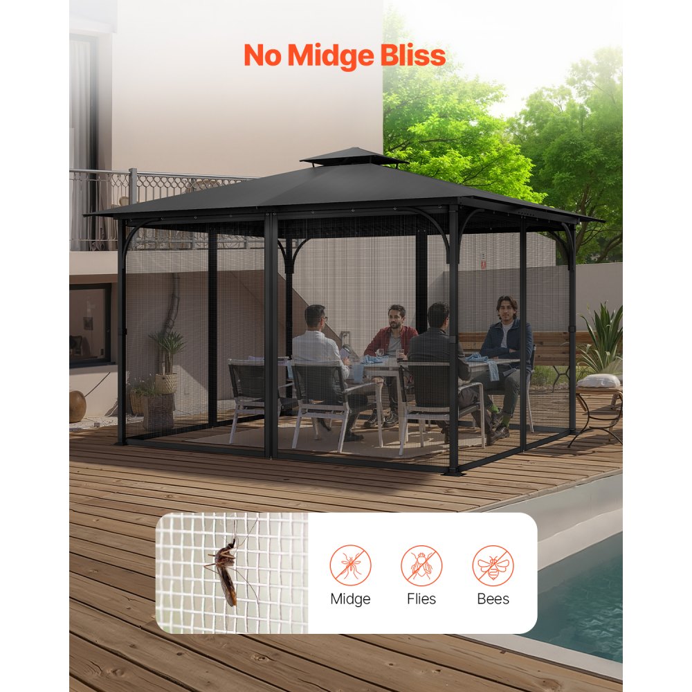 VEVOR Gazebo Netting Replacement, Fit Most 10 x 13 x 6.8 FT Gazebo Curtain, Outdoor Garden Net, 4-Panel Sidewall Mesh Net, Patio Midge Netting with Double Zipper, Canopy Screen (Netting Only)