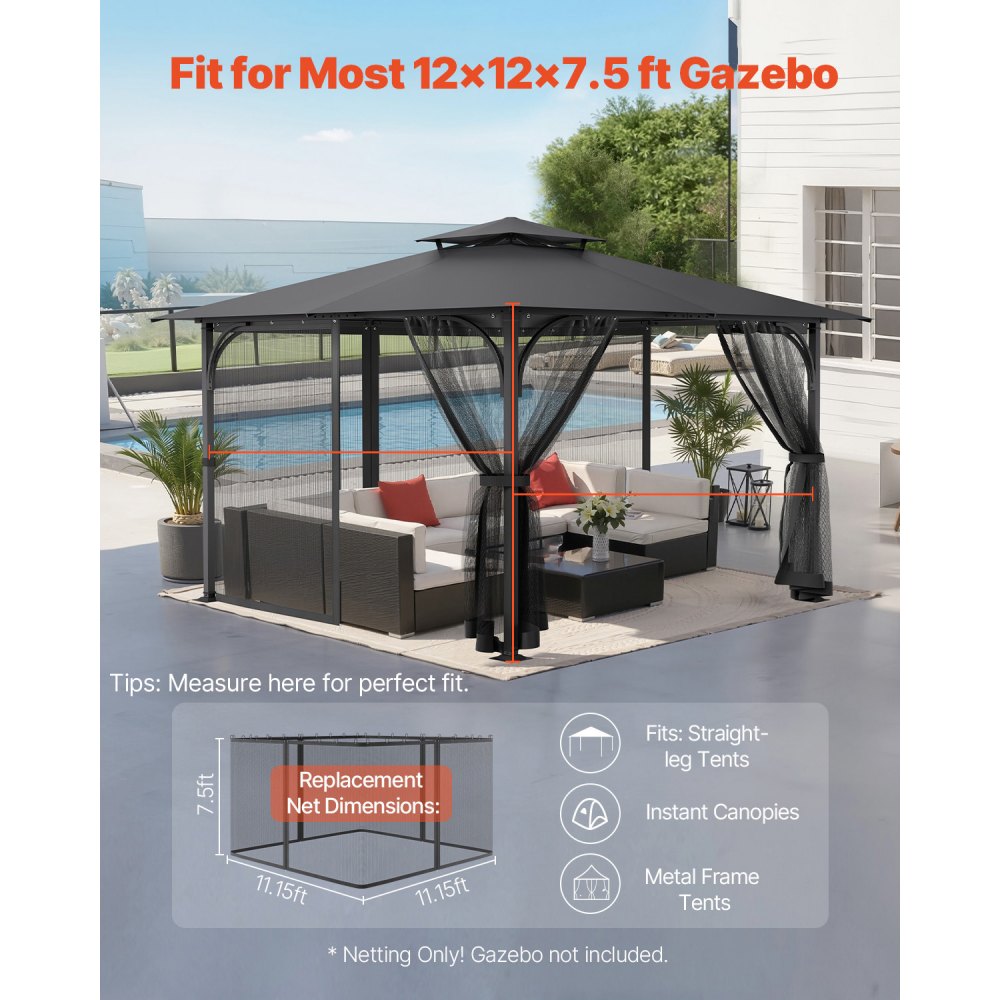 VEVOR Gazebo Netting Replacement, Fit Most 12 x 12 x 7.5 FT Gazebo Curtain, Outdoor Garden Net, 4-Panel Sidewall Mesh Net, Patio Midge Netting with Double Zipper, Canopy Screen (Netting Only)