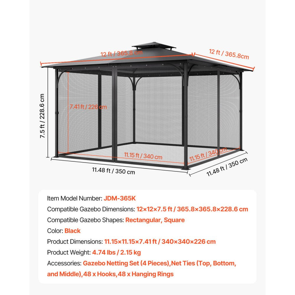 VEVOR Gazebo Netting Replacement, Fit Most 12 x 12 x 7.5 FT Gazebo Curtain, Outdoor Garden Net, 4-Panel Sidewall Mesh Net, Patio Midge Netting with Double Zipper, Canopy Screen (Netting Only)