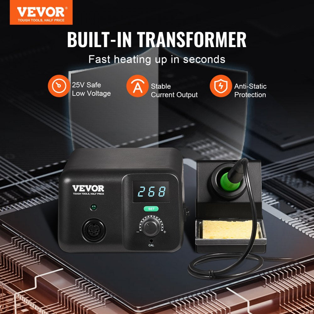 VEVOR Soldering Iron Station, 70W Digital Display Soldering Station Kit, 122°F- 932°F Temp Control & Built-in Transformer, Auto Standby & Sleep Mode, with 5 Soldering Tips, 10g Solder Wire, Tweezers