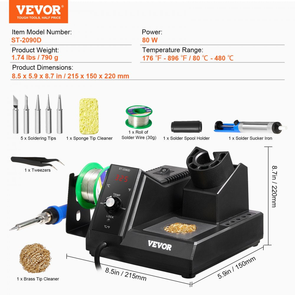 VEVOR Soldering Iron Station, 80W Digital Display Soldering Station Kit with 5 Soldering Tips, 30g Solder Wire, Solder Sucker, Tweezer, Tip Cleaner, Auto Standby & Sleep Mode, °C/°F Conversion