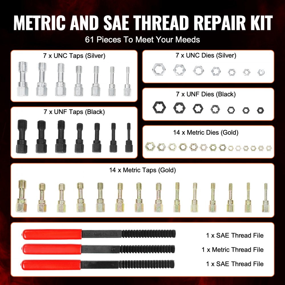 VEVOR 61-Piece Thread Chaser Set, UNC UNF and Metric Thread Restorer Tool, Rethreading Tool Kit with 28 Taps 28 Dies 3 Thread Files Storage Case, Heat Treated Steel, for Mechanics DIY Enthusiasts